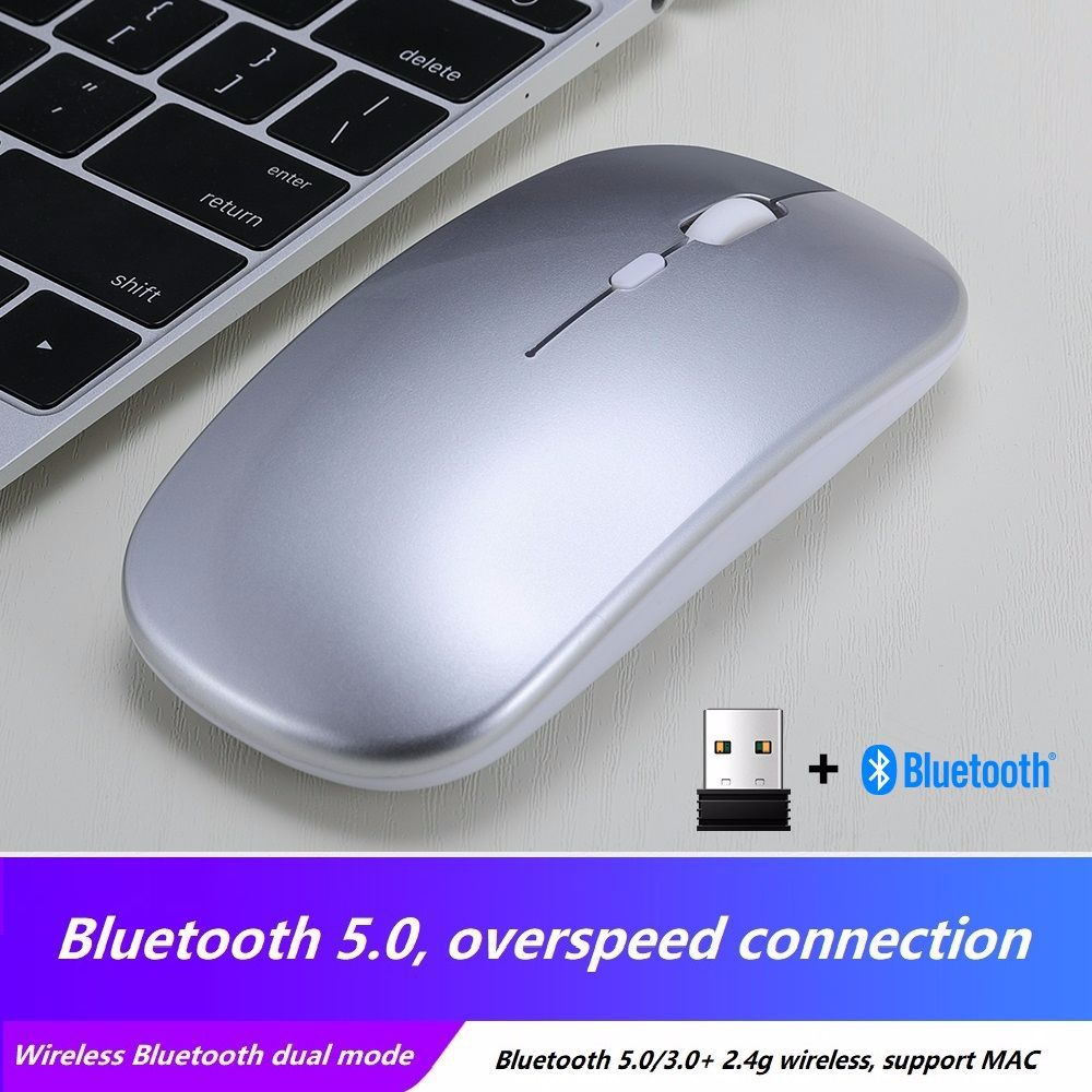 Bluetooth 5.0 Dual-Mode Charging Mouse Mute Notebook Game Female Student 2.4G Wireless Mouse Luminous DPI 1600: 2 4G   Bluetooth Silver