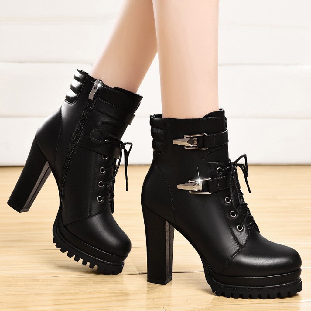Mujer de tacón alto botas Casual suela gruesa-Correa botas de motocicleta nueva primavera botines de otoño zapatos de botas de cuero