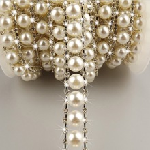 1 yard elfenben rund perle med klare krystaller rhinestones bånd trim blonder til syning af brudekjole håndværk