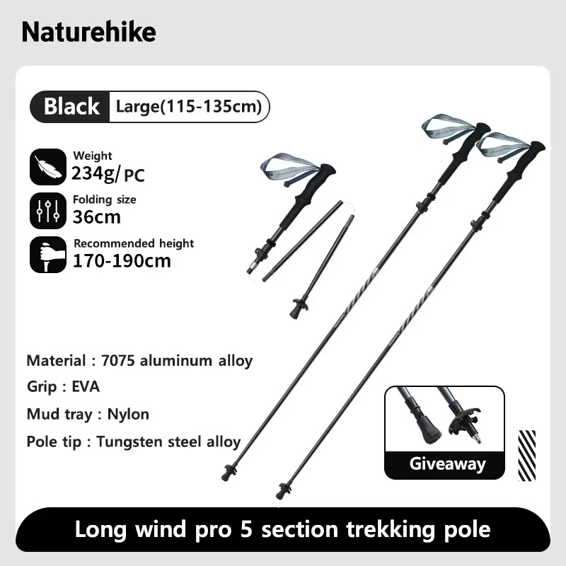 Naturehike Long Wind Trekking Poles Carbon Fiber 7075 Aluminum Alloy Five-section Folding Lightweight Walking Sticks Climbing: VIOLET/紫罗兰