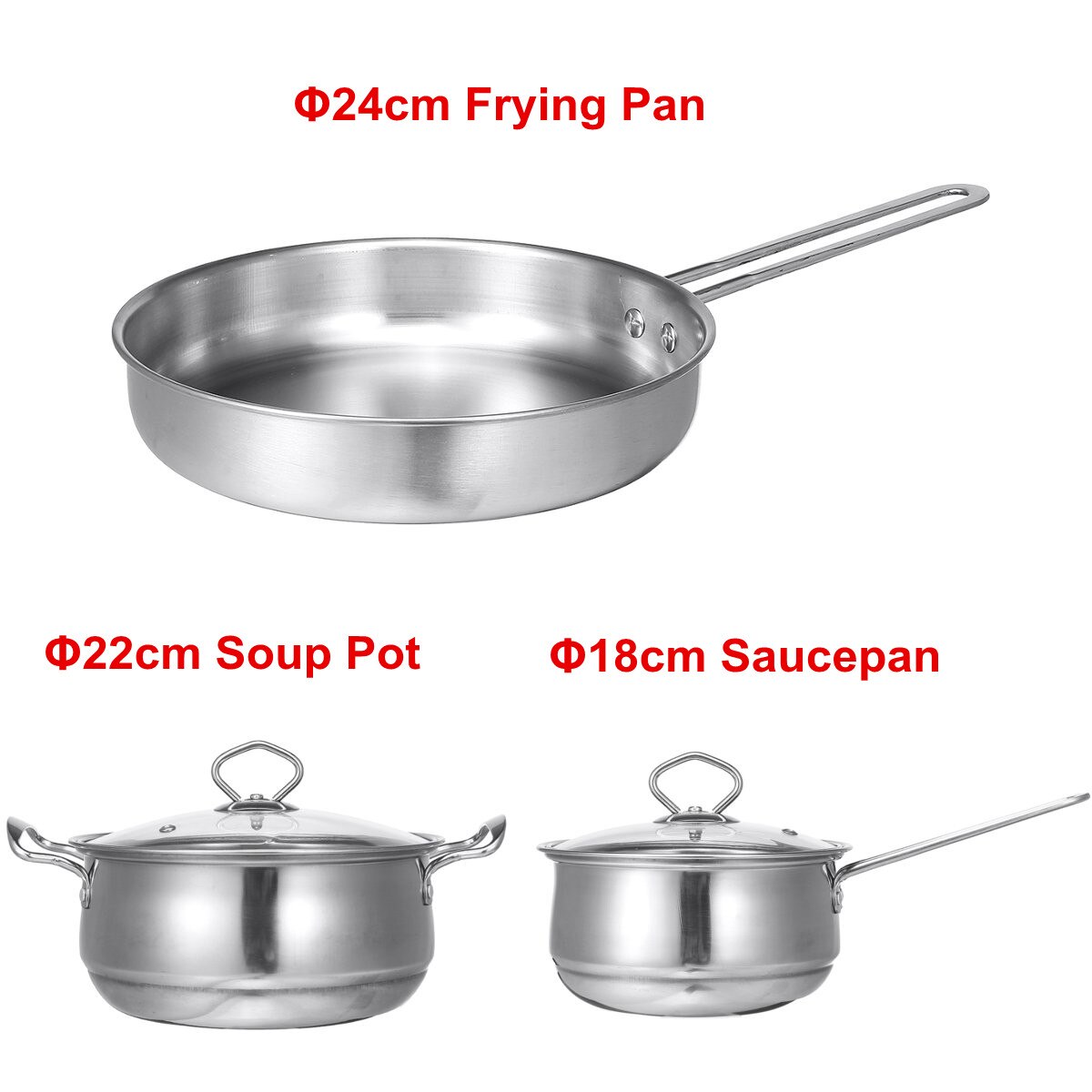 Cookware Set Kitchen Stainless Steel Soup Pot Saucepan Induction Safe Thickened Frying Pan Saucepan With Glass Lid 3PCS/Set