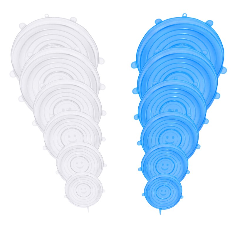 6/12 stuks siliconen rekdeksels universele voedsel siliconen wikkel kom pot deksel siliconen deksel pan koken keuken accessoires voedsel deksel: Wit-blauw -12 stuks