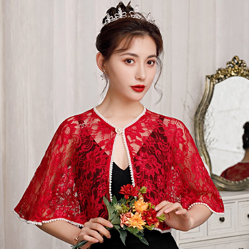 Women Lace Jacket Evening Wraps Bridal Wedding Party Bolero Pears Beaded With Brooch