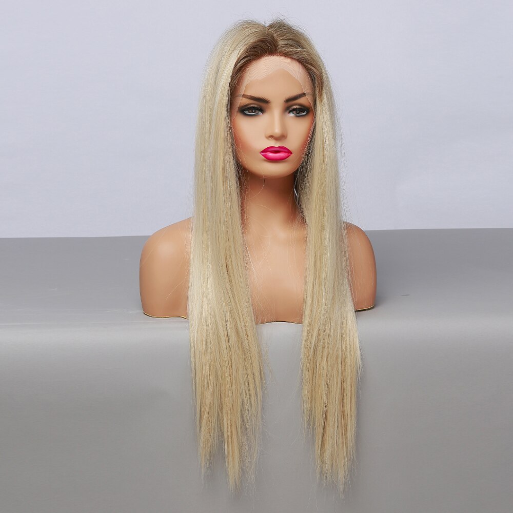 ALAN EATON Synthetic Lace Front Wig Natural Middle Part Ombre Brown Light Blonde Long Straight Lace Hair Heat Resistant Fibre