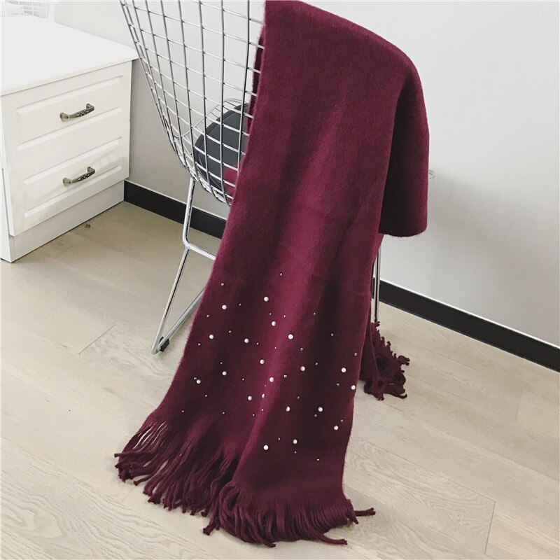 Bufanda tejida cálida de invierno para mujer de de Luna y Delfín, bufandas suaves con cuentas de perlas y perlas, bufanda de lana con borlas, manta Pashmina grande