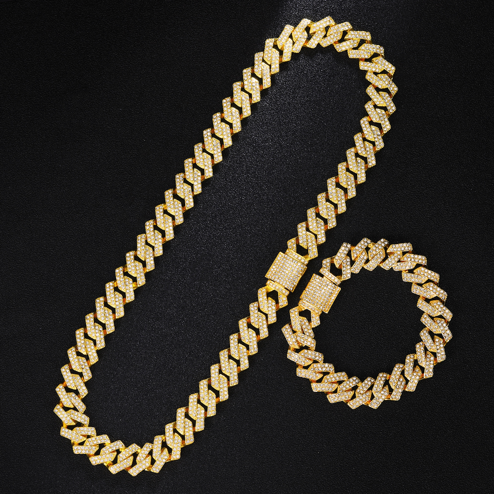 Goudkleurige Cubaanse kettinghorloge voor mannen, hiphop Miami Curb, Iced Out verharde strasssteentjes, bling rapper ketting, horloge + armband sieraden: 70 cm / Licht Geel Goud Kleur