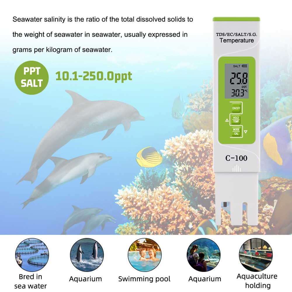 5 in 1 PH Meter TDS/EC/SALT/S.G./Temperature Meter Digital Water Monitor Tester for Pools Drinking Water Aquariums