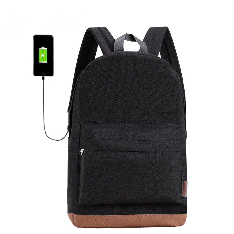 Men Male Canvas Backpack Gray Casual Rucksacks 15inch Laptop Backpacks College Student School Bag Backpack Women Bag: Black USB