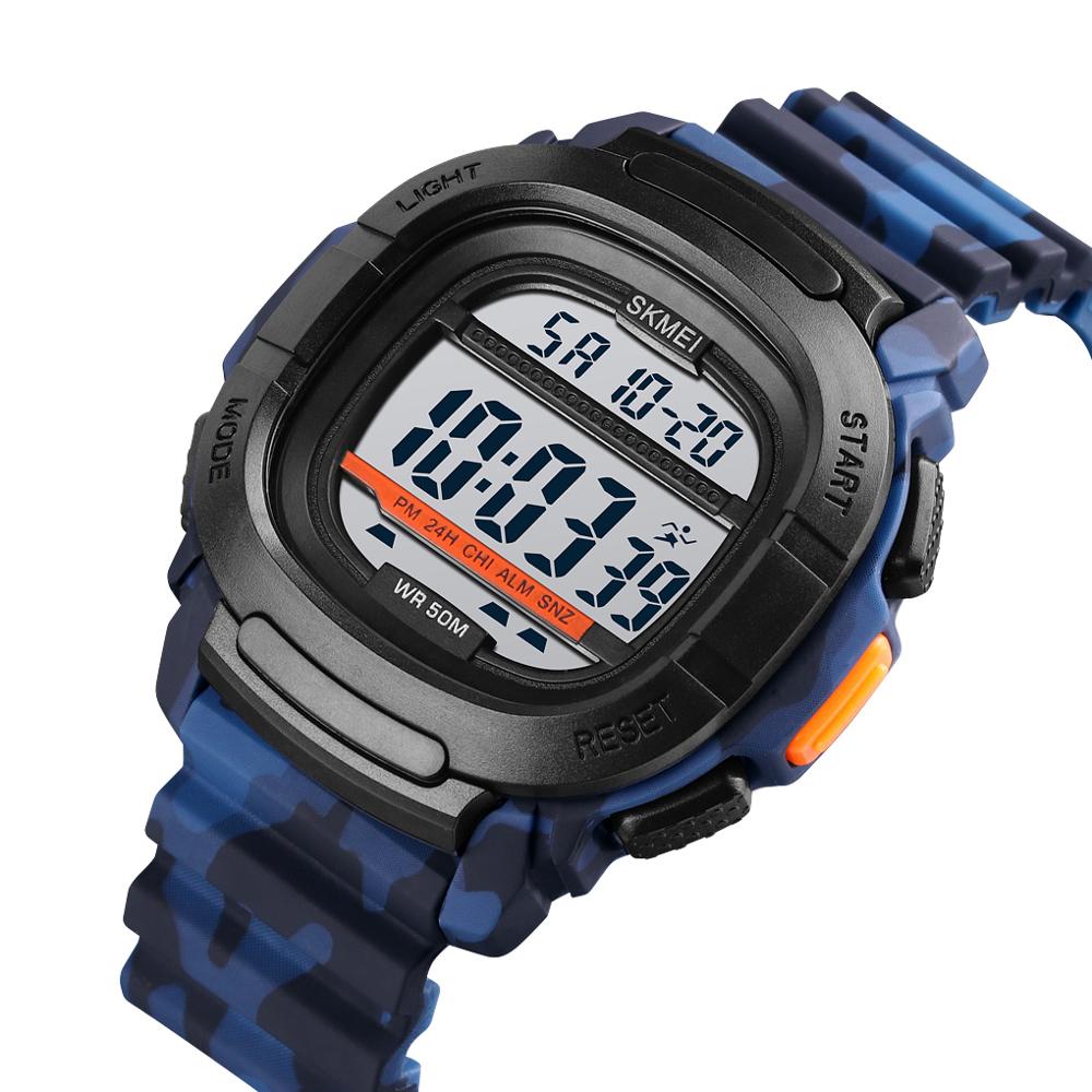 Skmei heren digitaal polshorloge dual time outdoor horloge led waterdicht gshock elektronische sporthorloges herenhorloges reloj hombre: Blauwe camouflage