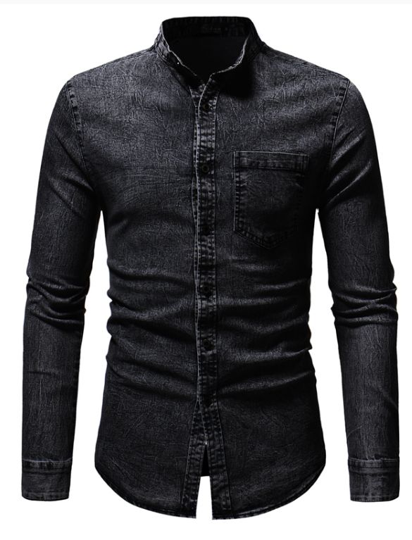 Jeansskjortor för män koreansk tvättad jeansskjorta mandarinkrage långärmade fritidsskjortor tunna herrkläder  n5244: Svart / L