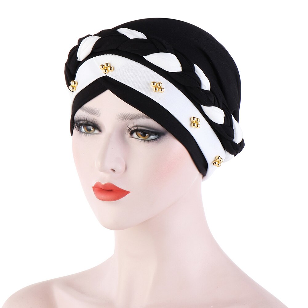Gorro de turbante trenzado para mujer, Hijab, cubierta para la cabeza para pérdida de pelo, tocado, accesorio para el cabello, bufanda musulmana: Black White