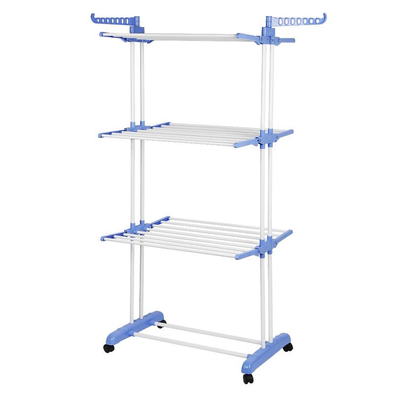 3 Layer Foldable Clothes Hanger Multi-Function Coat Rack Removable Bedroom Hanging Clothes With Wheels Floor Standing Hanger HWC: Blue and white