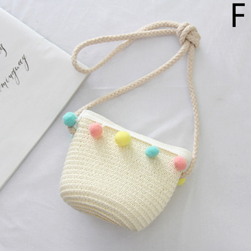 Summer Child Beach Sun Hats Children Girls Straw Bucket Hats Wide Brim Pompom Travel Beach Hats Accessories: F