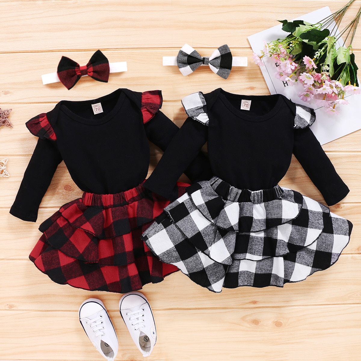 Drie Stuk Baby Meisje Kleding Verse Effen Kleur Lange Mouwen Jumpsuit + Plaid Korte Rok + Hoofdband Kerst herfst Outfits