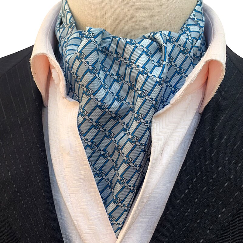 Men Ascot Ties Unique Blue Lock Pattern Ascots Cravat for Groom Banquet Wedding Party Formal Scarf