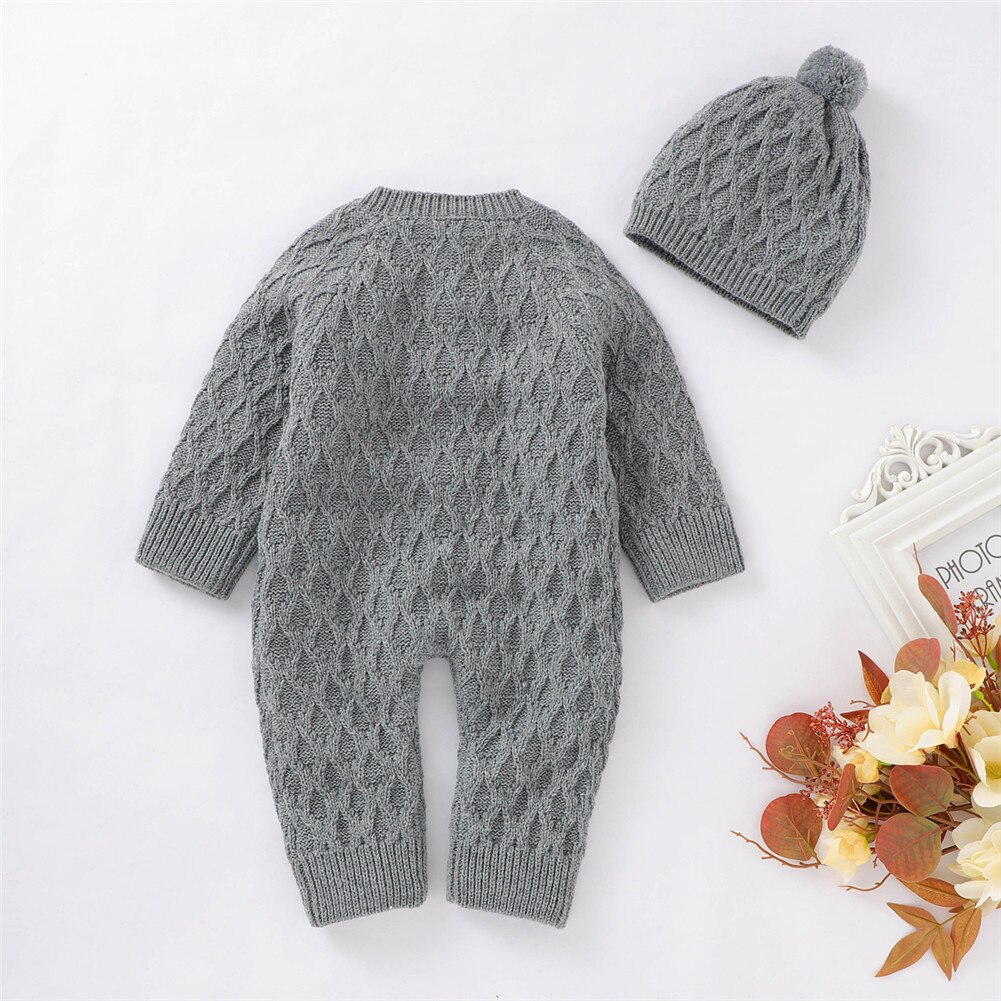 Focusnorm 0-18M Winter Baby Meisjes Jongens Trui Rompertjes Lange Mouwen Single Breasted Solid Warm Jumpsuits Hoeden