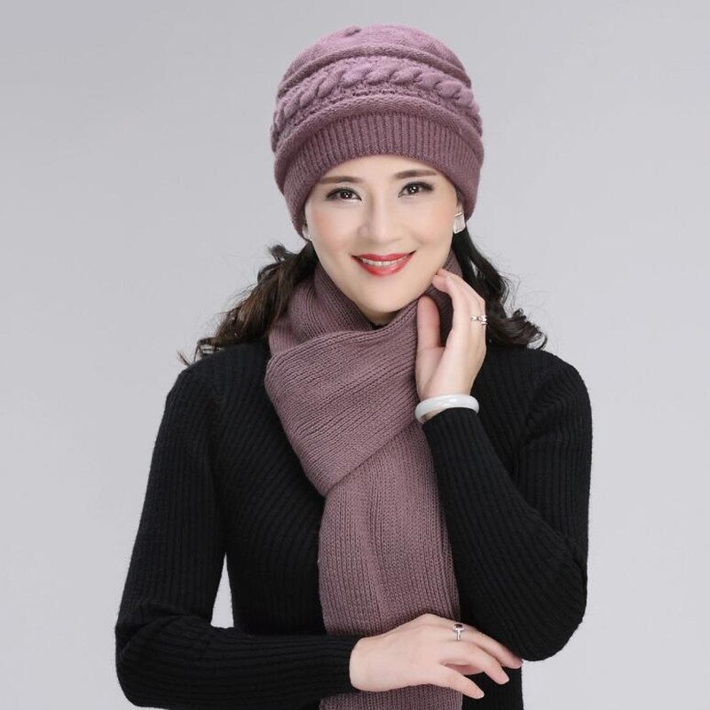 Lã de malha chapéu feminino inverno quente elegante cachecol avó mãe presente natal meia-idade idosos feminino moda boné h7165: PurpleC
