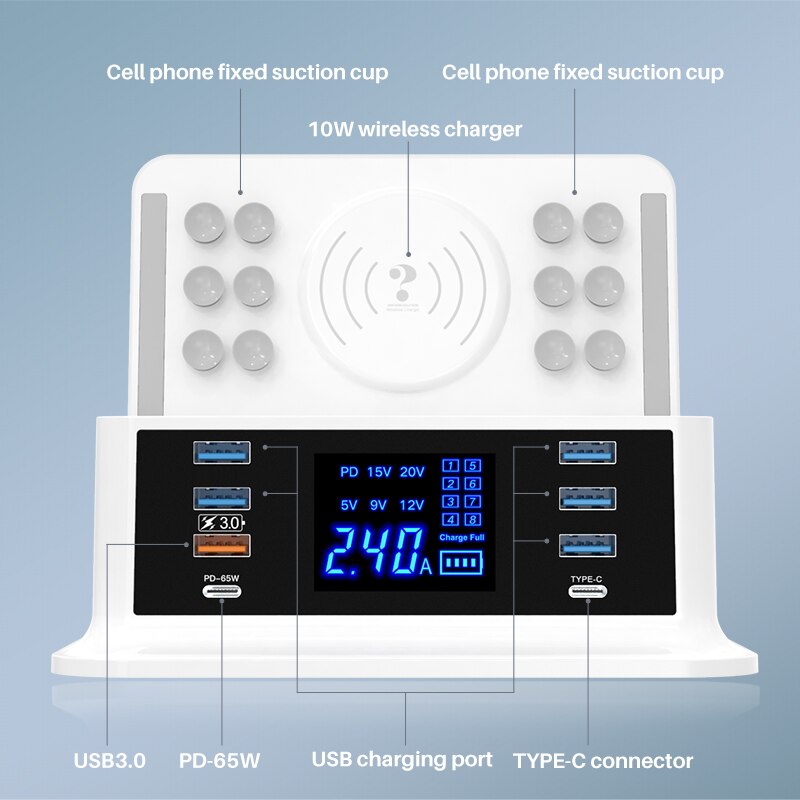 120w usb-anschlüsse,  pd 65w schnellladegeräte, 3.0 adapter-hubs 8 kabellose ladestation mit pd-schnellladefunktion für macbook pro, lenovo und iphone