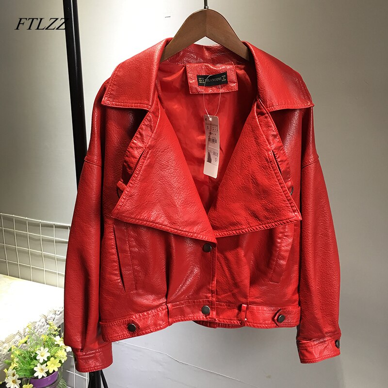 FTLZZ-SACO Bomber de mujer, chaqueta de piel sintética, abrigos de motorista para mujer, prendas de vestir Punk Vintage, chaquetas cortas rojas y verdes para motocicleta