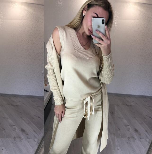 3 pieces set Women's knit suit long sleeve Soft Wool Warm Thcik Female winter cltohes suits: beige