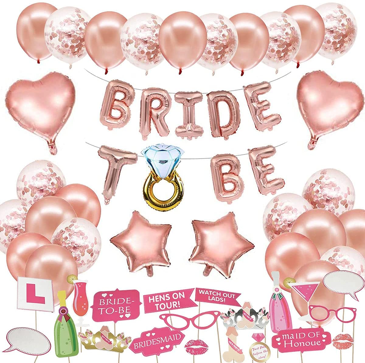 Banner de novia para ser, despedida de soltera, despedida de soltera, decoraciones para despedida de soltera, Kit de globos de oro rosa con accesorio para fotografía, globo de confeti
