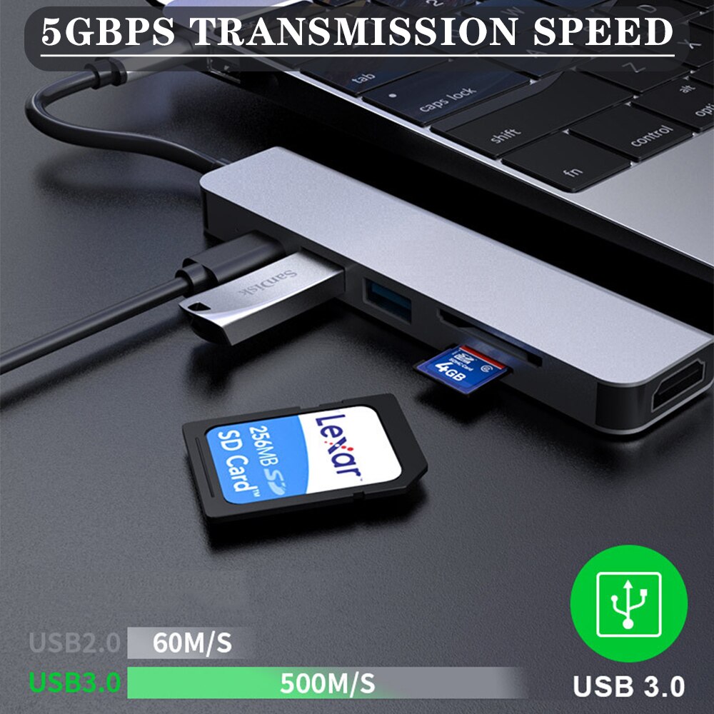 Hub 6 en 1 Mini USB C , 6 puertos tipo C, divisor múltiple con 4K HDTV SD TF USB-C PD, carga compatible con teléfono, portátil, Mac y PC, novedad de 3,1