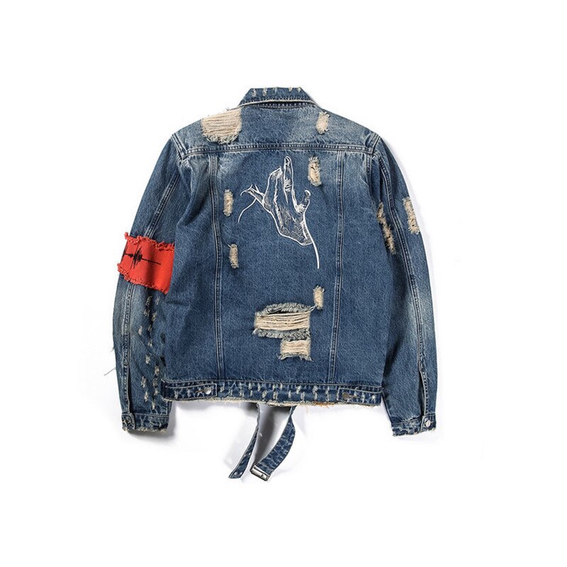 SEVEYFAN Hi Street Bergamot Embroidery Denim Jackets Men&#39;s Broken Hole Jean Coat Streetwear