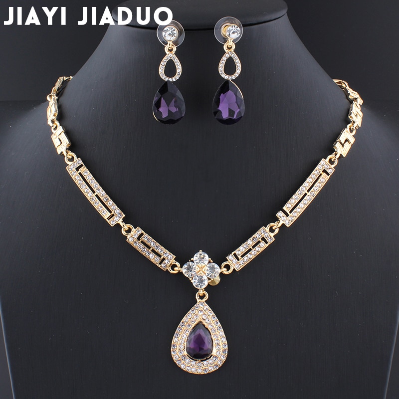 Jiayijiaduo robe de mariée Bijoux ensembles verre violet charme cristal collier boucles d'oreilles ensembles pour femmes Parure Bijoux Femme Dubai