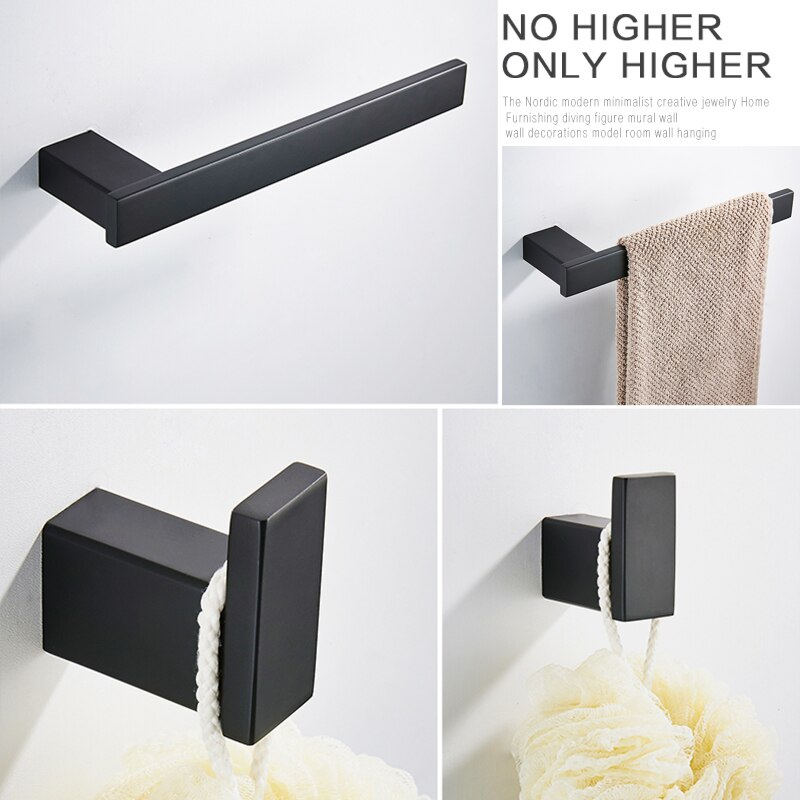 Bad hardware sæt rustfrit stål håndklædehylde rulle papirholder vægmonteret tandbørsteholder toiletbørsteholder sort farve