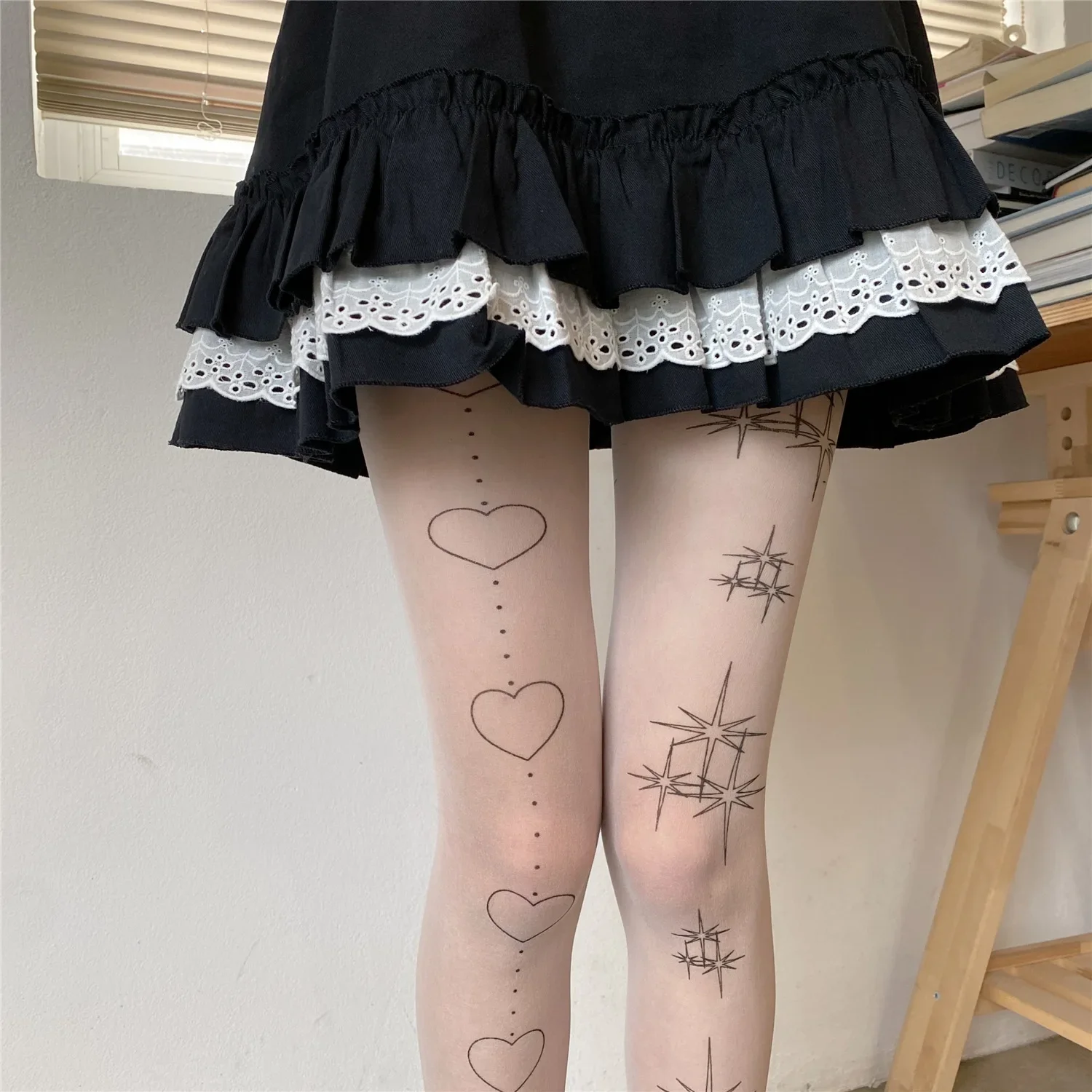 Star Heart Lolita Socks Tattoo Print Pantyhose Fishnet Stockings Kitty Cat Japanese JK Tights Gothic Cosplay Lace Black Tights