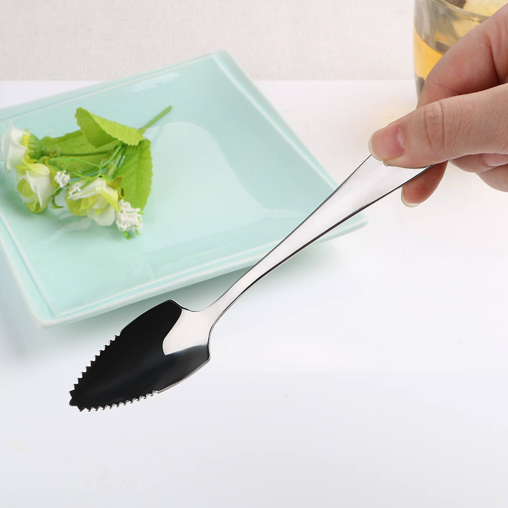 HOOMIN, cuchara para fruta, pomelo, mango largo de acero inoxidable, 15,5 cm, cuchara para té, vajilla, cubiertos, borde dentado