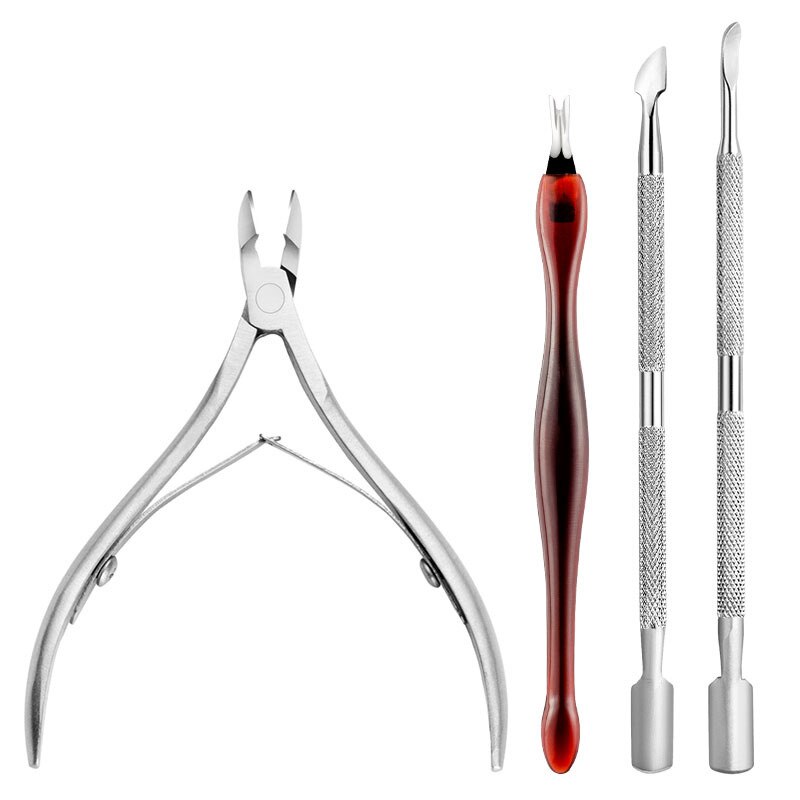 Set de herramientas de exfoliación para manicura tijeras alicates pelador empujar la cutícula cutánea muerta empujador cuchara para cutículas removedor cortador: 4Pcs-21