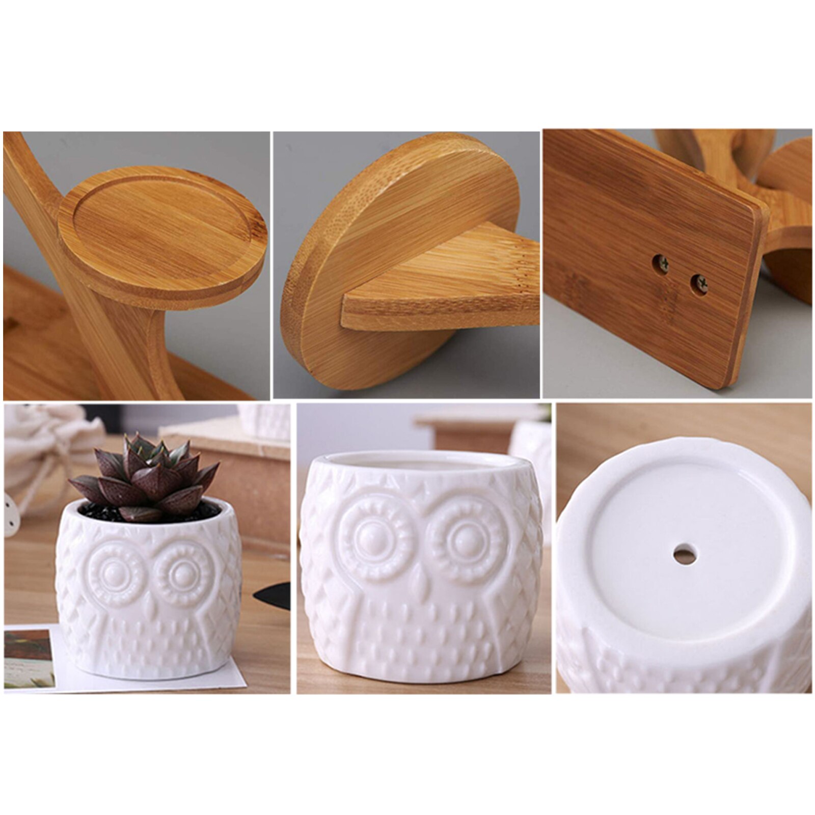 Succulent Pot Mini Cactus Pot Desk Garden Wooden Stand Holder 3 Tier White Ceramic Vase Home Office Plant Garden Pots