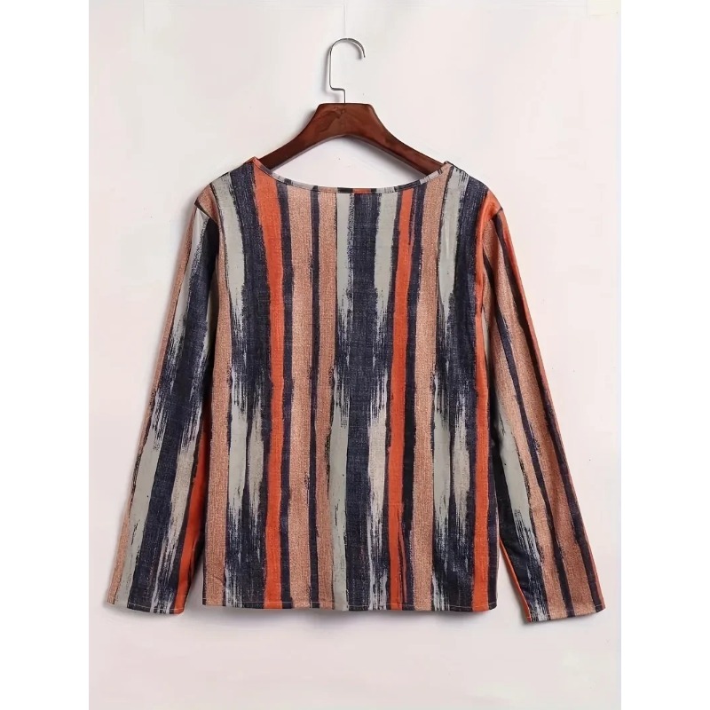 Femmes grande taille 1XL-8XL décontracté confortable à manches longues haut col en v rayé respirant T-shirt femmes
