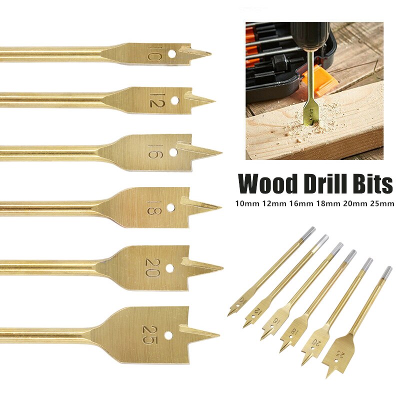 6Pcs 10-25mm Woodworking Drill Bits Hexagonal Shank Wood Drilling Tool Flat Drill High-carbon Steel Wood Flat Drill Set Titanium