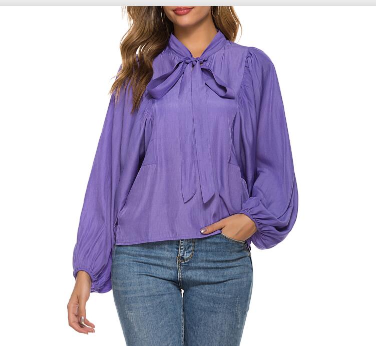 Blusa y blusas de manga larga de linterna para mujer Color púrpura suelta de talla grande de oficina ropa de trabajo camisas primavera otoño: L