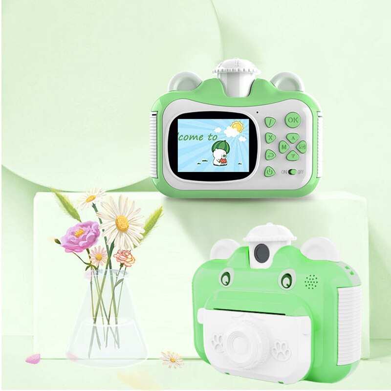 Children Birthday Instant Print Camera 1080P HD Digital Camera With Thermal Photo Paper Cute Cartoon Toys Camera For Kids: Green / Camera Only