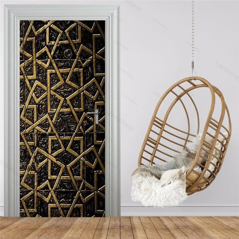 Modern Black Gold Line Geometric Door Sticker 3D Stereo Pvc Self-Adhesive Waterproof Mural Wallpaper Living Room Decor