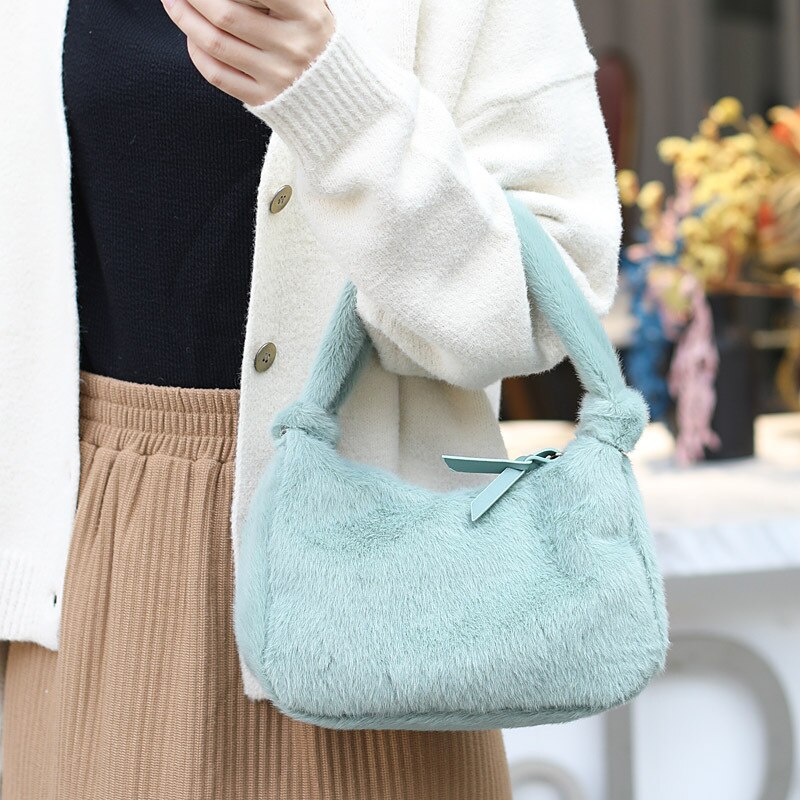 Koreansk stil plys ensfarvet mini afslappet taske kvinders plys håndtaske møntpung til pige: Stil d