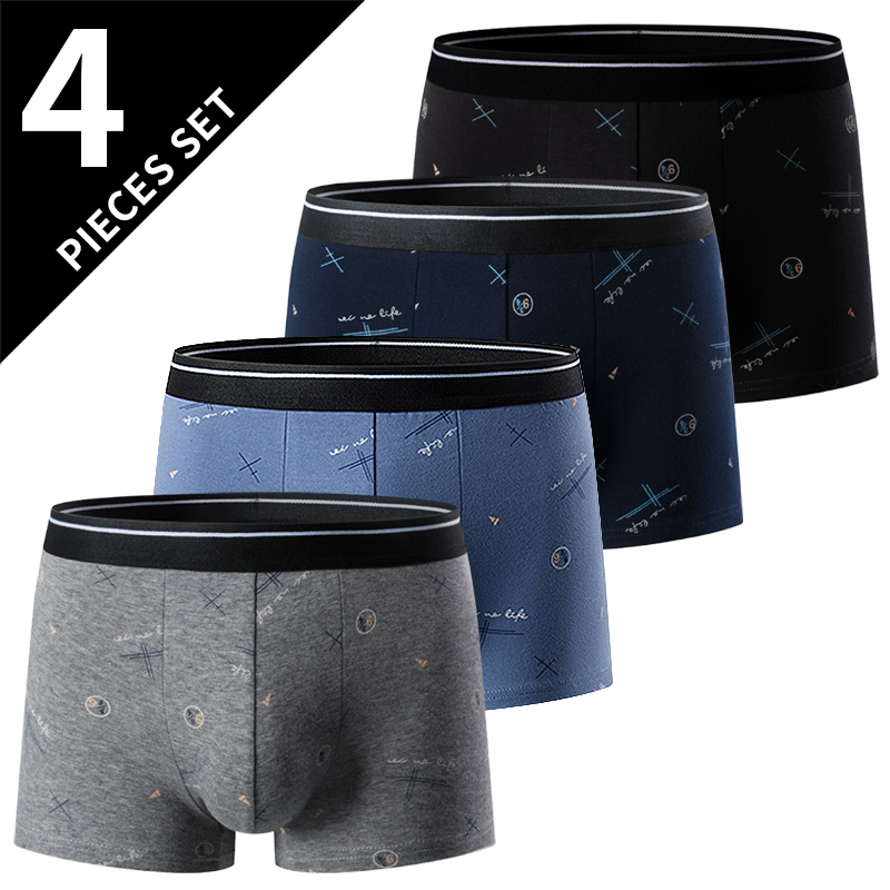 4 peças moda masculina impresso boyshort confortável plus size 5xl6xl roupa interior juvenil calções de praia cintura elástica roupa interior: XS / Preto