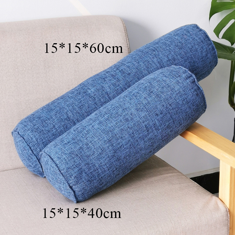 Coussin rond et Long de couleur unie, coussin amovible en lin lavable, coussin de lit en rouleau, Support de tête et de dos léger, colonne de voyage: Bleu / 15x15x60cm