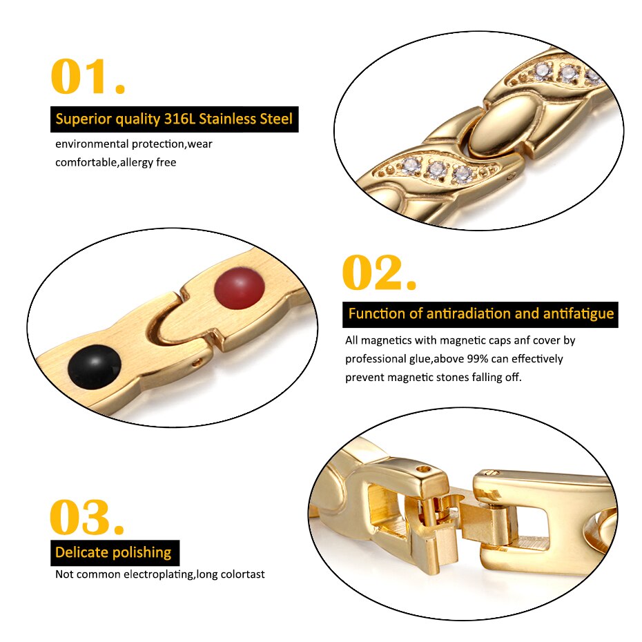 Rainso rustfrit stål magnetiske kvinder armbånd terapi smykker guld link kæde med bio elementer charm armbånd