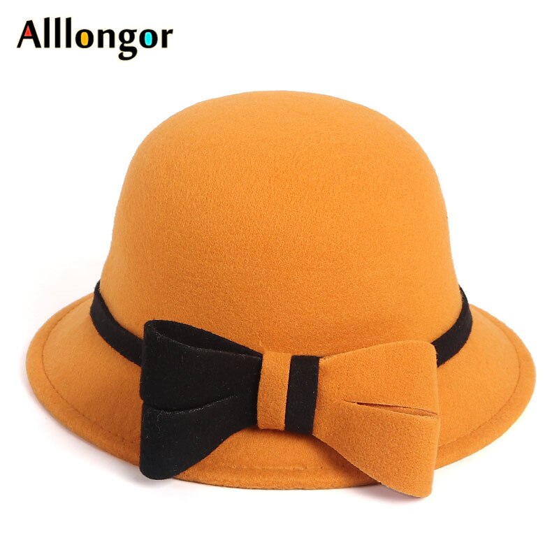 Wool Fedora Hat Women Winter Vintage Felt Hats ladies Bowknot Bucket Cap Black White dome Top Church bowler Hat: Yellow