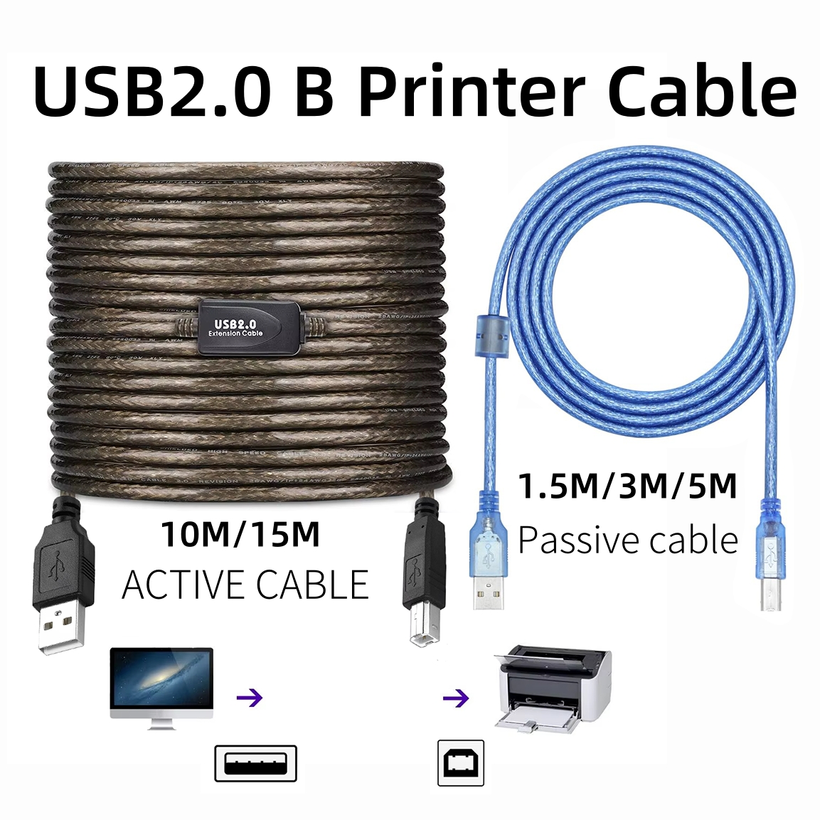 10M 15M USB 2.0 B Cable with Chip High Speed Active Repeater Data Cord 1.5M 3M 5M USB-B Passive Cable for Laptop Printer Scanner