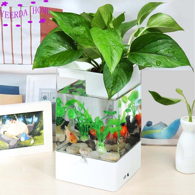 Multicolour Fish tank met LED light + USB Mini Kleine acryl plastic Aquarium bureau transparante Vis kom Originaliteit