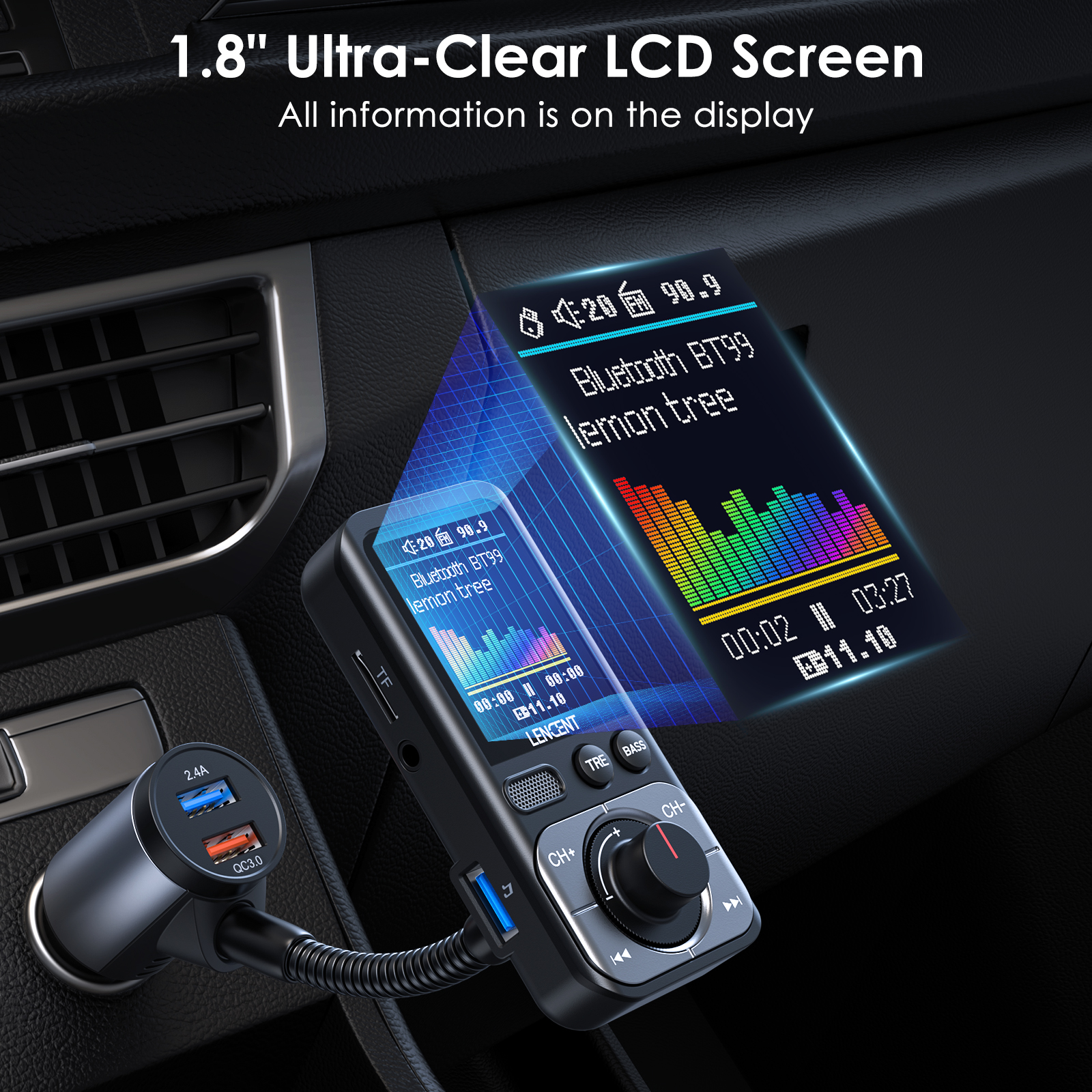 LENCENT Bluetooth 5.0 FM-zendermodulator met 2USB-poorten QC3.0 Auto Snellader MP3-speler Radiozender Carkit
