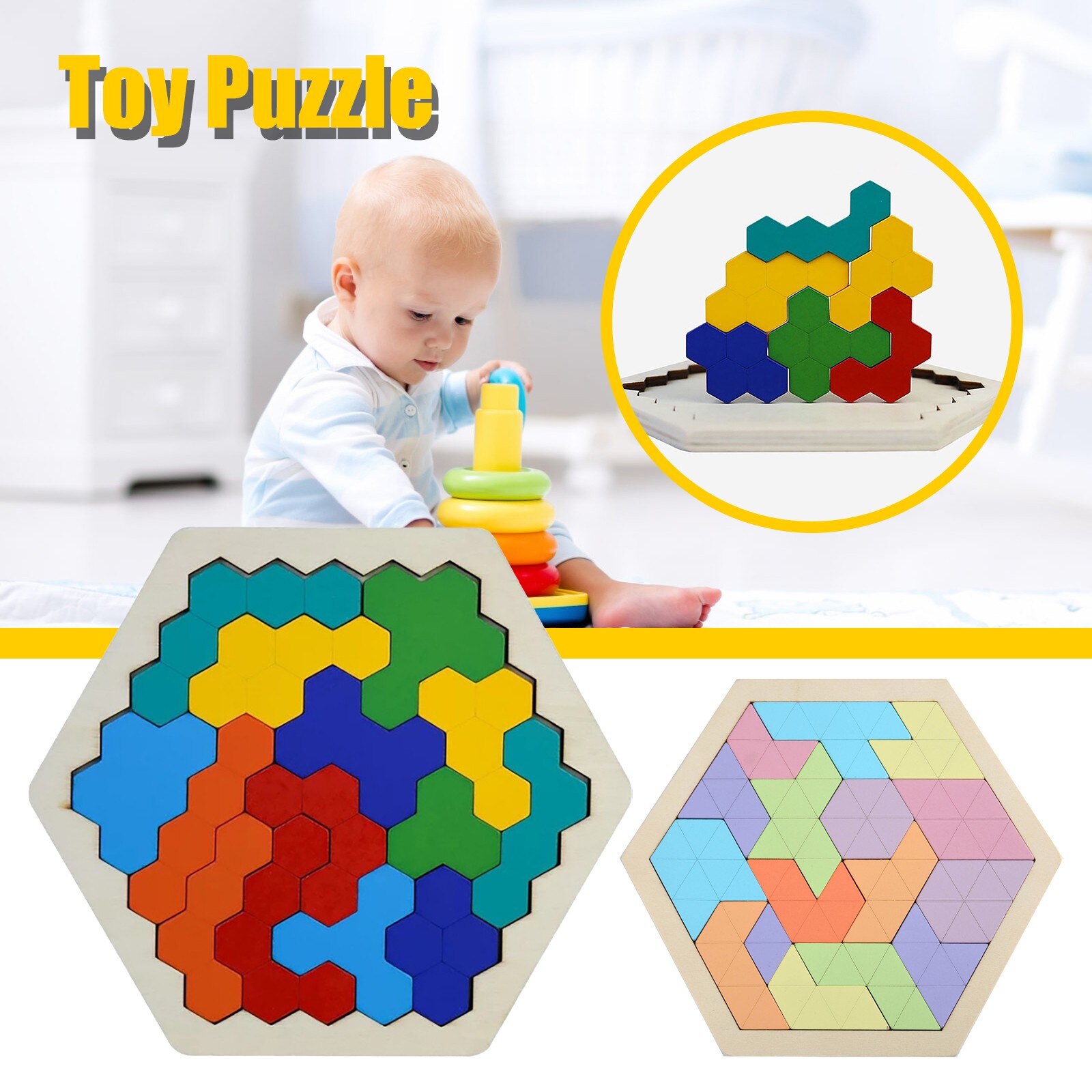 Kids Adult Multicolor Wooden Hexagon Puzzle Toy Honeycomb Shape Tangram Puzzle Toys Geometry Logic Iq Game Toddlers Toys