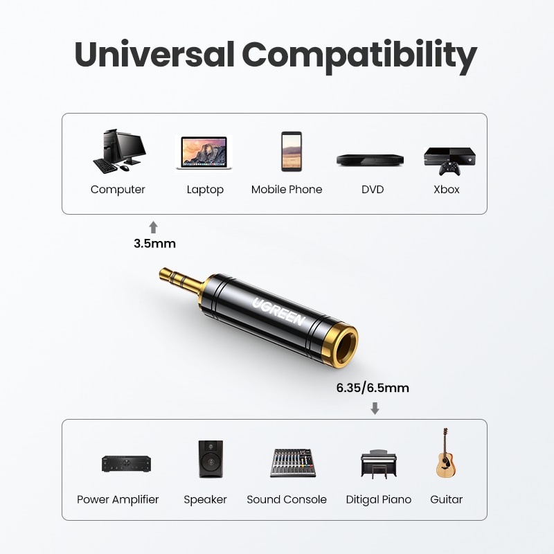 Ugreen 3.5mm til 6.5mm 6.35mm 1/4 adapter gullbelagt leie kobber 6.5mm hann til aux hunn til jack mono adapter lydkontakt