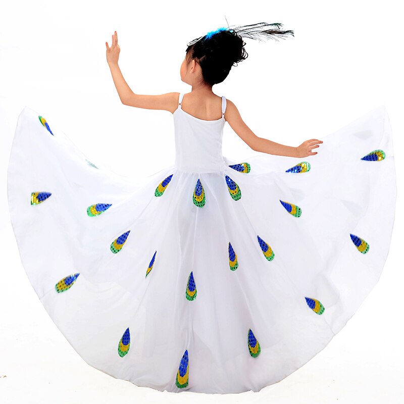 Minderheit Tanz Weiß Pfau Kostüm Kostüm Dai Kleid Felsen Dai tanzen Leistung Kleidung Pailletten Hosenträger Chiffon