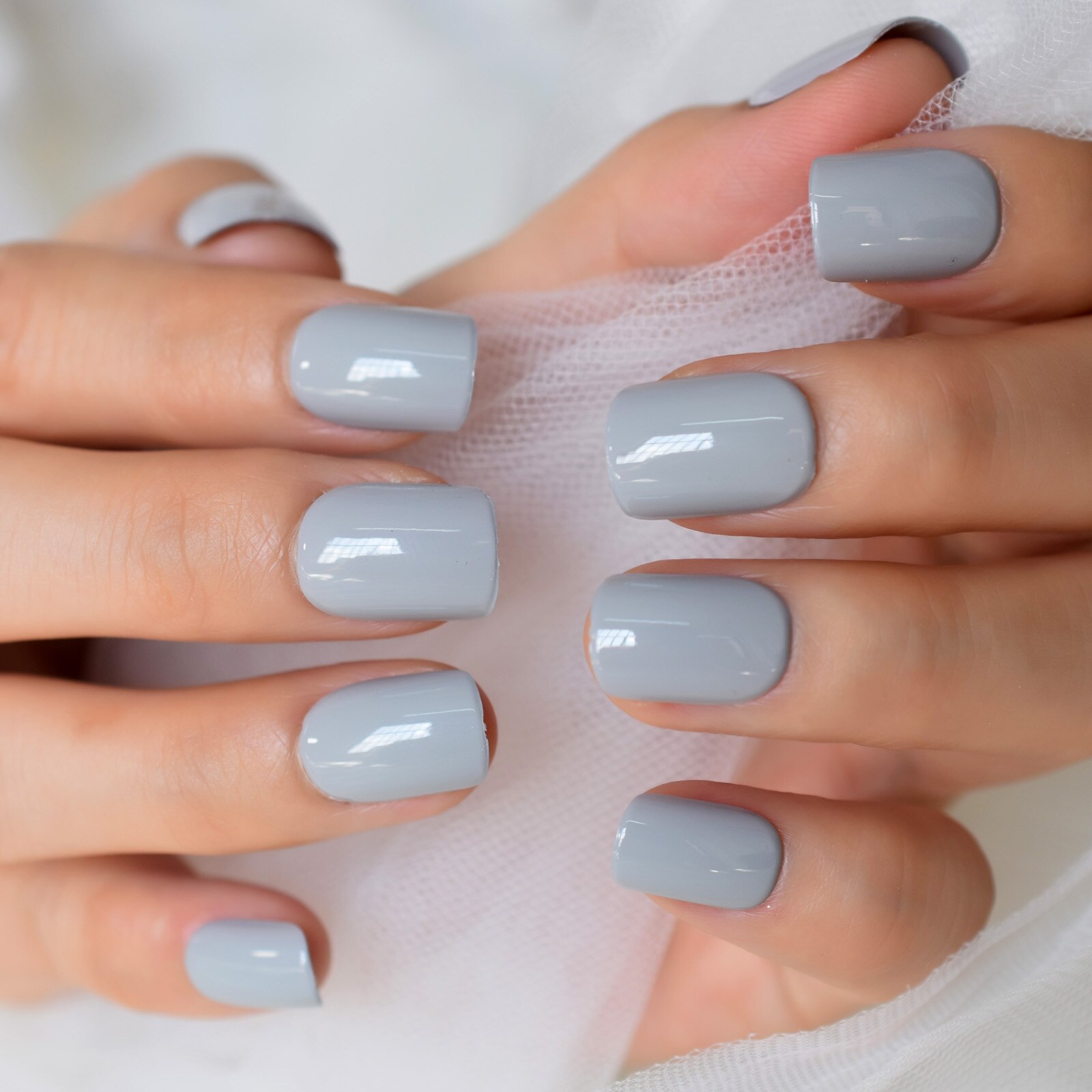 Faux Ongles à pression, brillant, haute luminosité, couverture complète, gris clair, couleur unie, manucure, avec onglets de colle